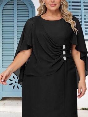 Mother Of The Bride Dress Plus Size Short Chiffon Sheath Knee Length Cape Sleeve